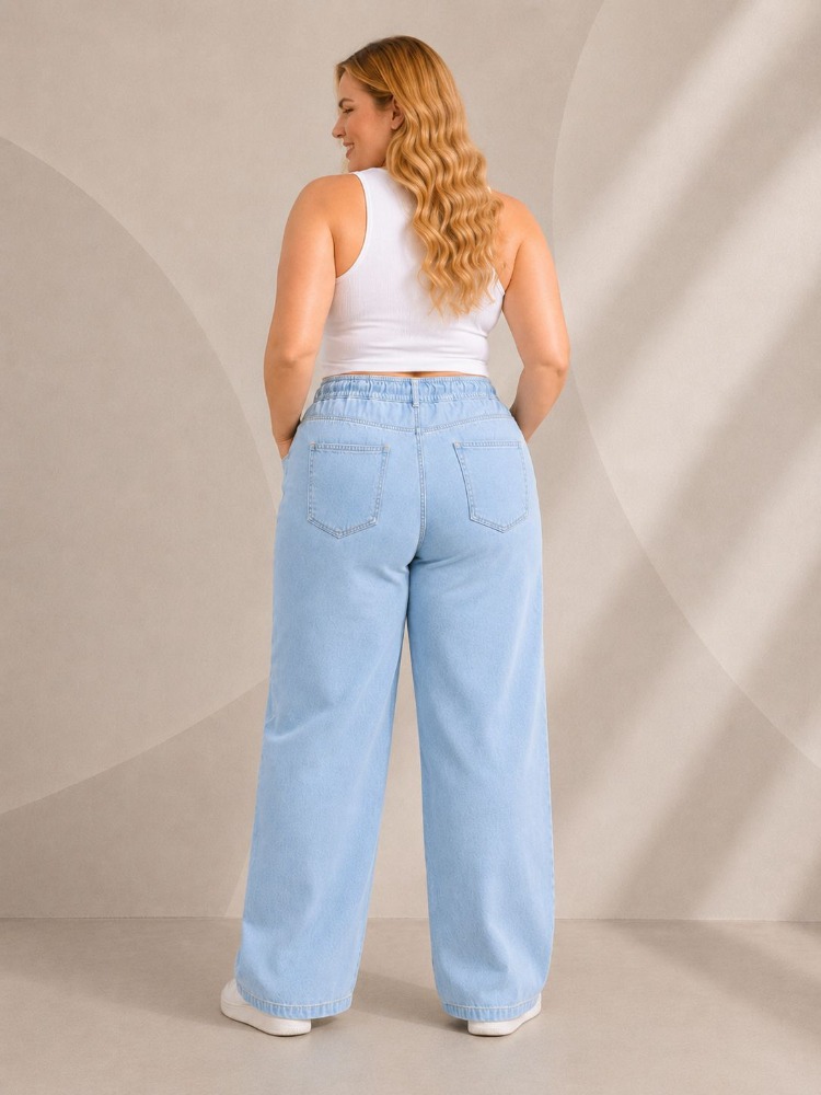 Yeni Sezon-Yüksek Bel Lastikli Wide Leg Pantolon - Esnek ve Rahat Kesim Jean-Buz Mavisi