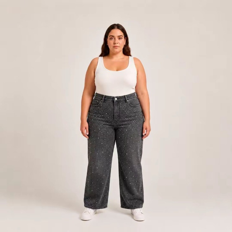 KADIN-BÜYÜK BEDEN JEANS GENİŞ PAÇA SERPME TAŞLI KOT PANTOLON-Gri