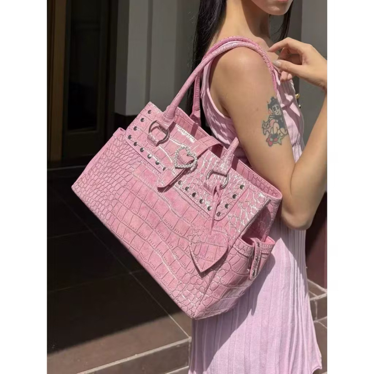y2k büyük pink croco tote shoulder çanta premium