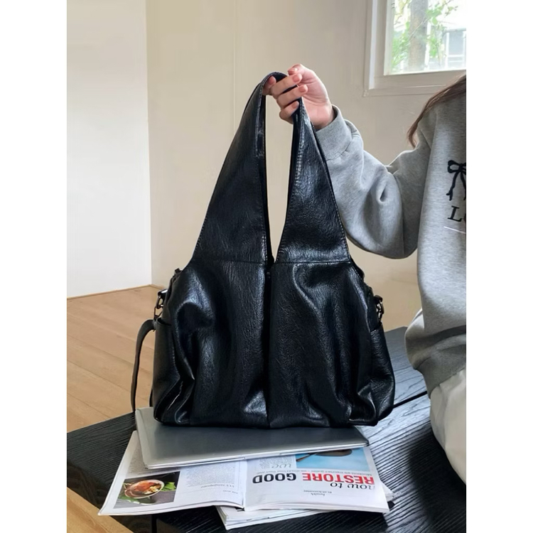retro black leather omuz çantası kadın şık günlük tote bag