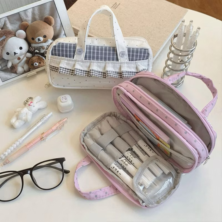 pastel polka dot aesthetic kalemlik büyük kapasiteli sevimli organizer çanta