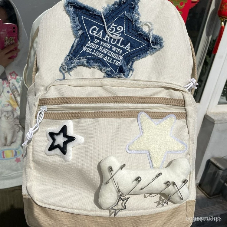 y2k star denim detaylı retro college tarzı krem sırt çantası