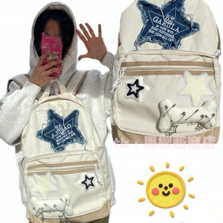 y2k star denim detaylı retro college tarzı krem sırt çantası