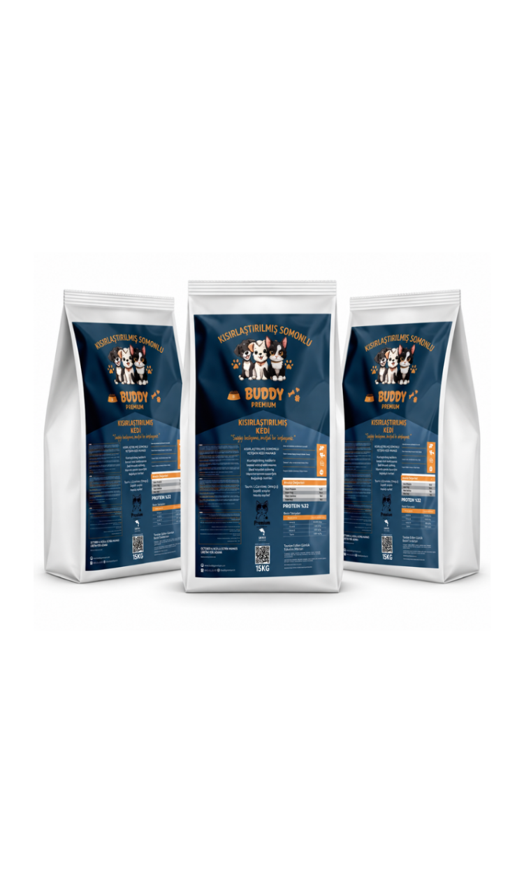 3lü Buddy Premium Kısırlaştırılmış Somonlu Kedi Maması 3x15KG