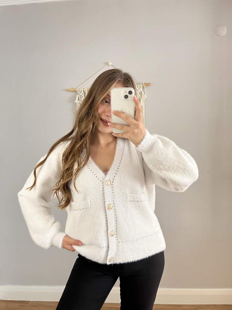 Gold Detay Angora Hırka Beyaz