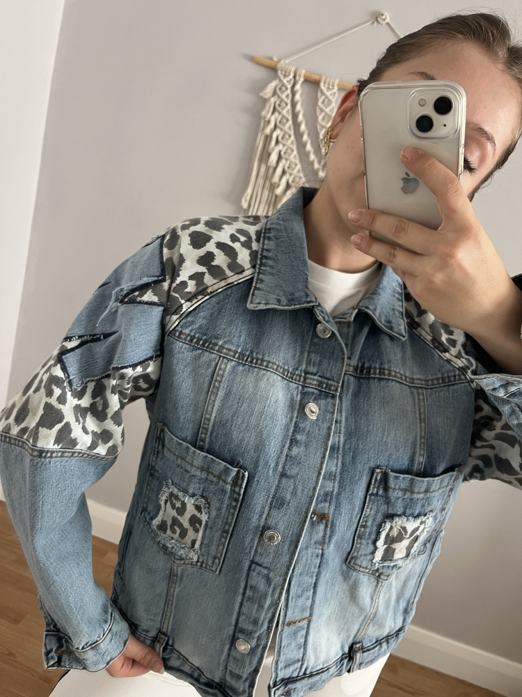 Tasarım leopar detaylı kot ceket