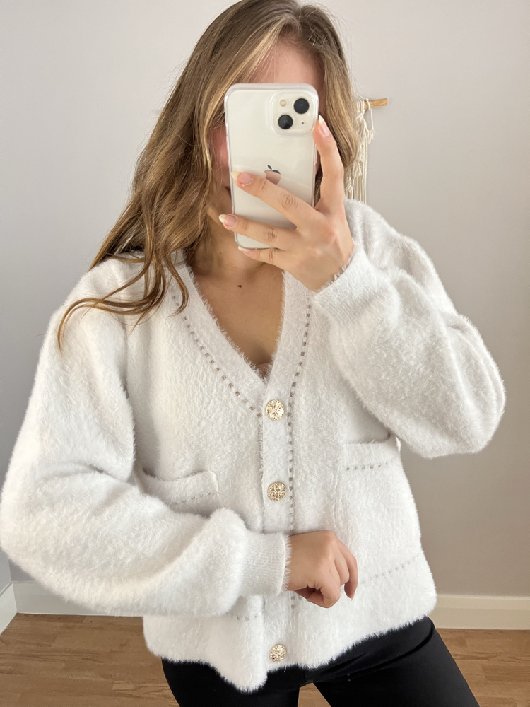 Gold Detay Angora Hırka Beyaz
