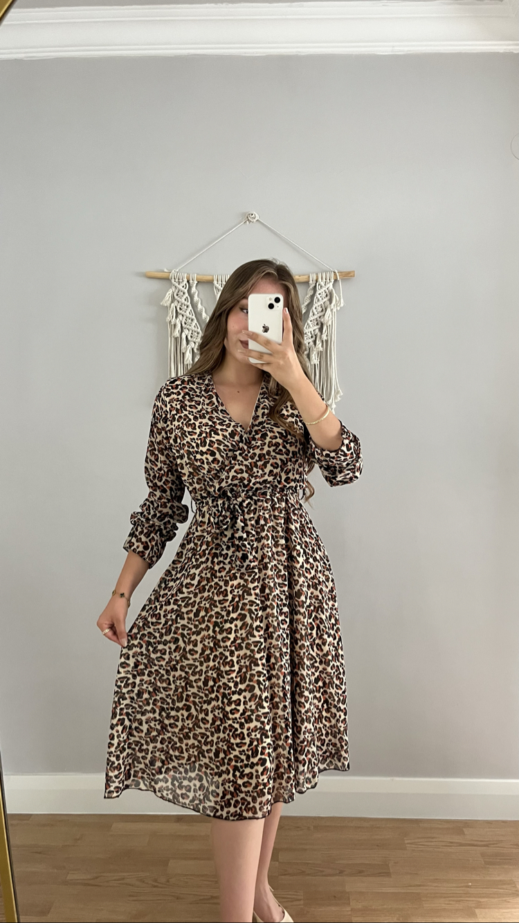 Leopar şifon elbise 
