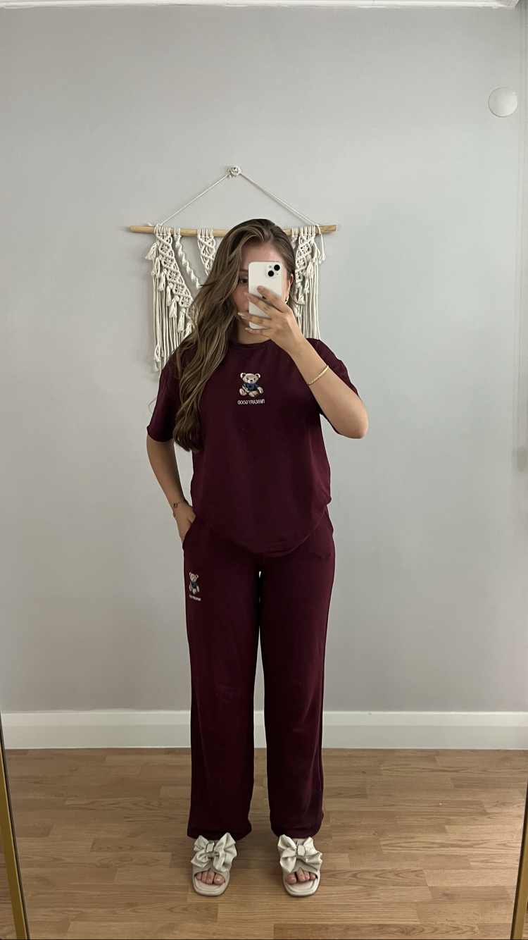 Ayıcık baskılı takım bordo