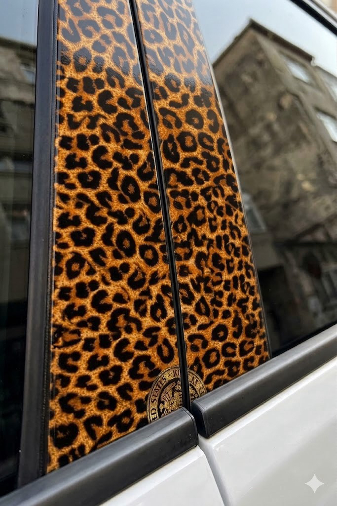 LEOPAR Desenli 50x25 cm 2 Adet 4K UV Baskı Araba Kapı Direği Kaplama Folyosu