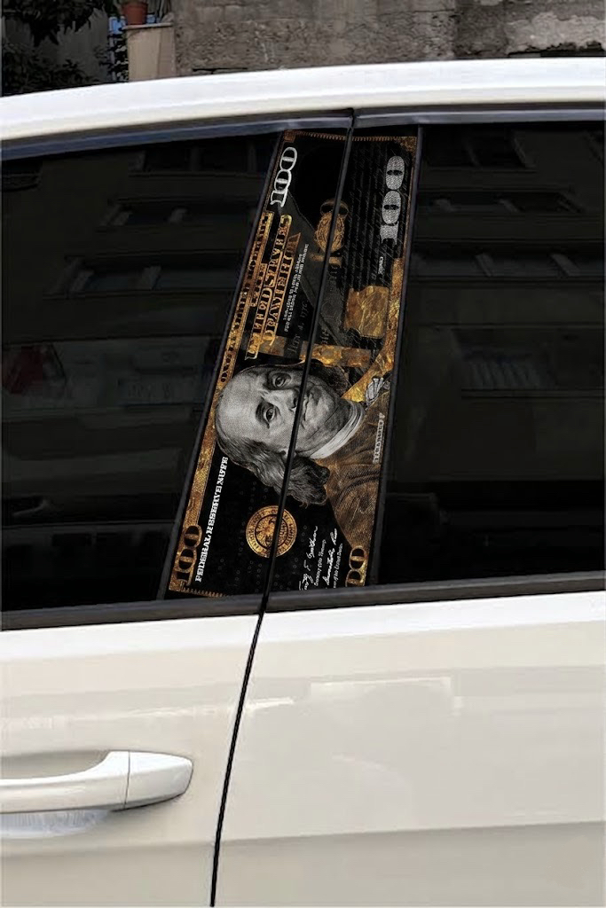 4K DOLAR Desenli Araba UV Baskı Kapı Direği Sticker - Kaplama Folyosu > Yeni Nesil Araç Aksesuar