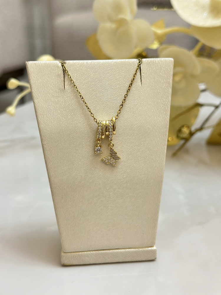 Gold Zirkon Taşlı Kelebek Model Çelik CharmLı Kolye