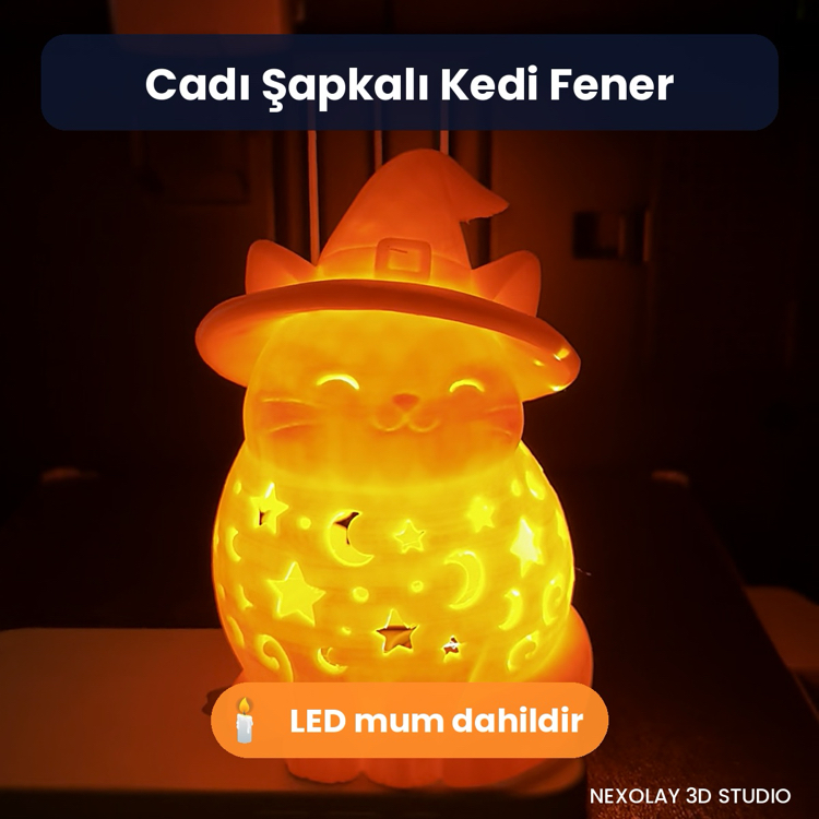 Cadı Şapkalı Kedi Fener | LED Mumla Dekor