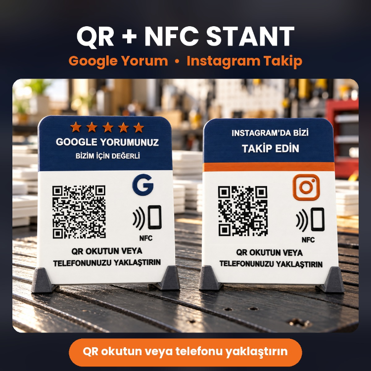 QR + NFC Masaüstü Stant | Google Yorum / Instagram Takip
