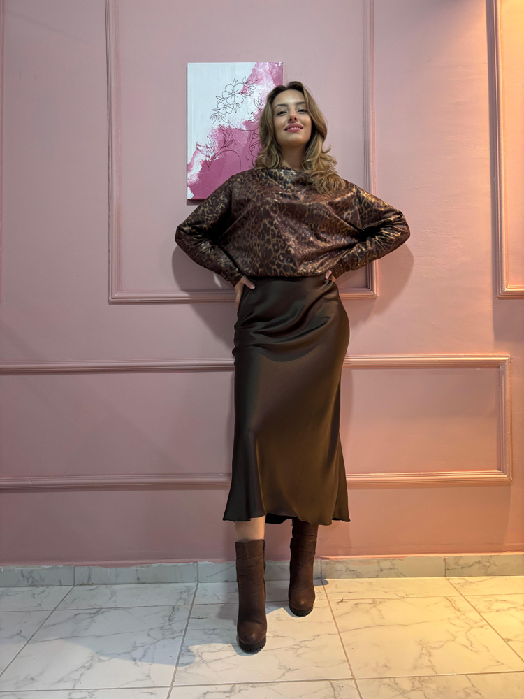 Leopar Desenli Bluz Midi Saten Etek Takım