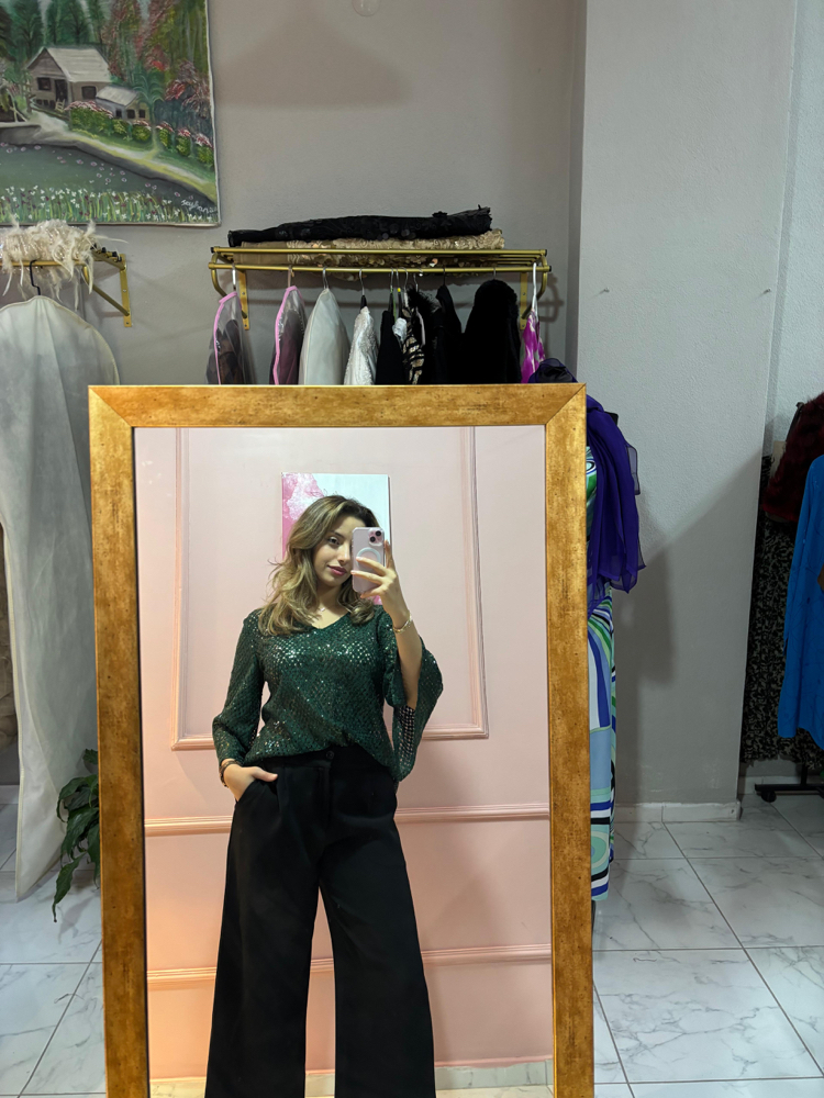 Yeşil Triko Payet Detaylı Pantolon Krep