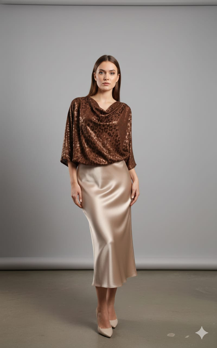 Leopar desenli bluz saten midi etek