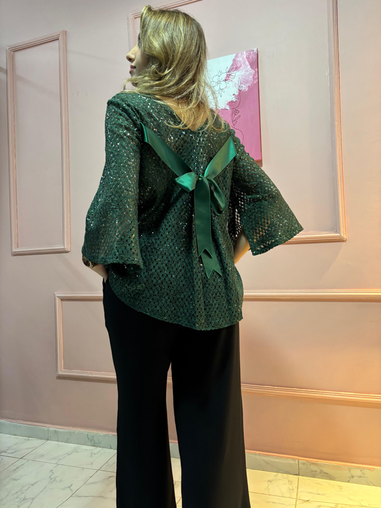 Yeşil Triko Payet Detaylı Pantolon Krep