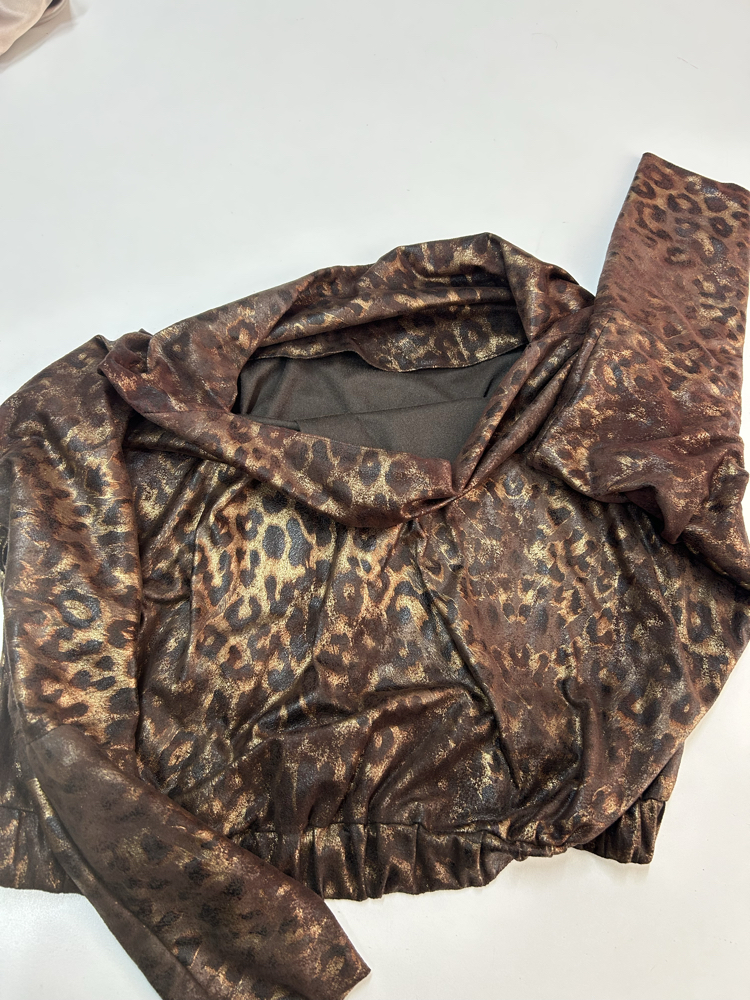 Leopar Desenli Bluz Midi Saten Etek Takım