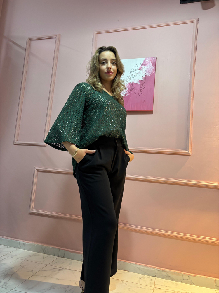 Yeşil Triko Payet Detaylı Pantolon Krep