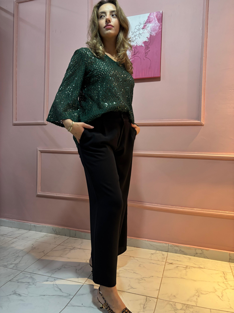 Yeşil Triko Payet Detaylı Pantolon Krep