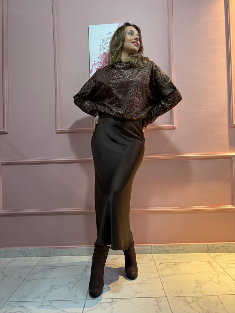 Leopar Desenli Bluz Midi Saten Etek Takım