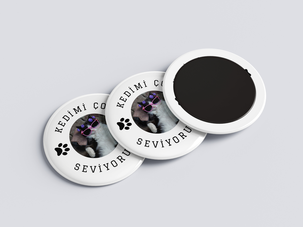 KEDİ ROZET BUTON MAGNET 5 ADET- KİŞİSELLEŞTİRİLEBİLİR