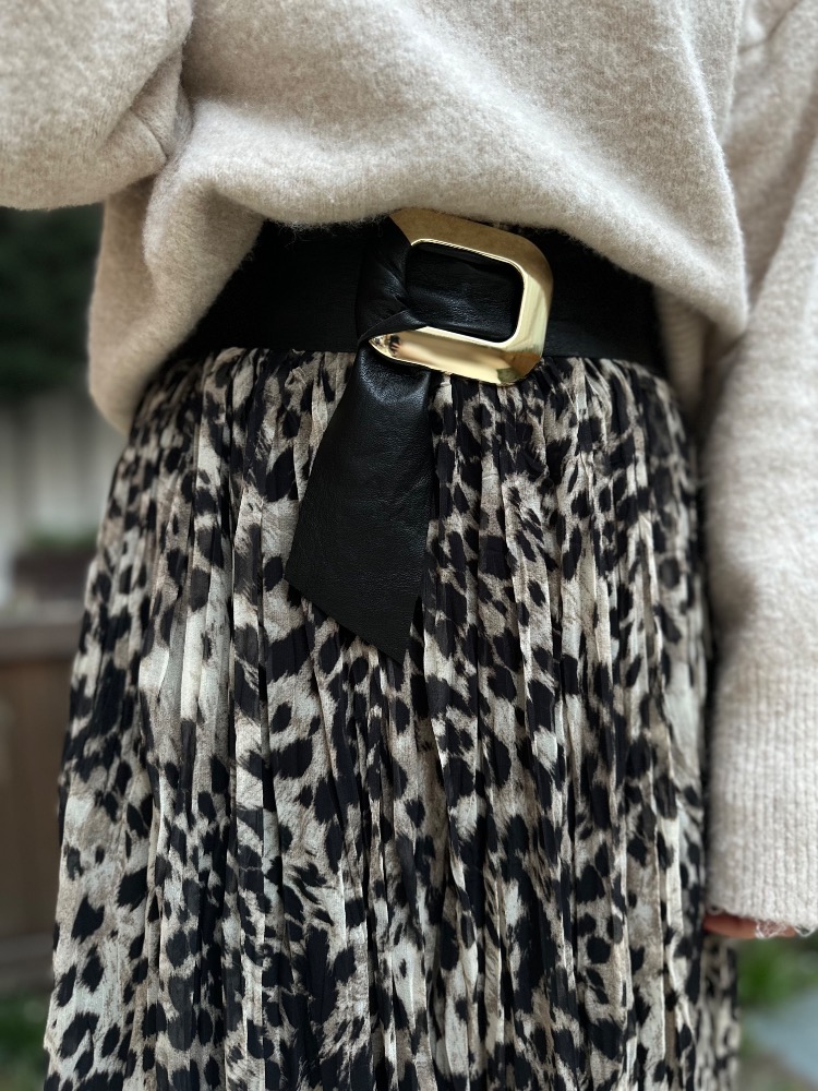 Leopar Desenli Midi Kraslı Kendinden Kemerli Etek
