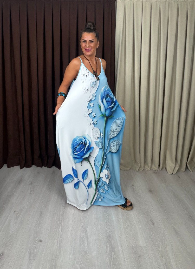 Otantik Tasarım Elbise Gül Desen Açık Mavi