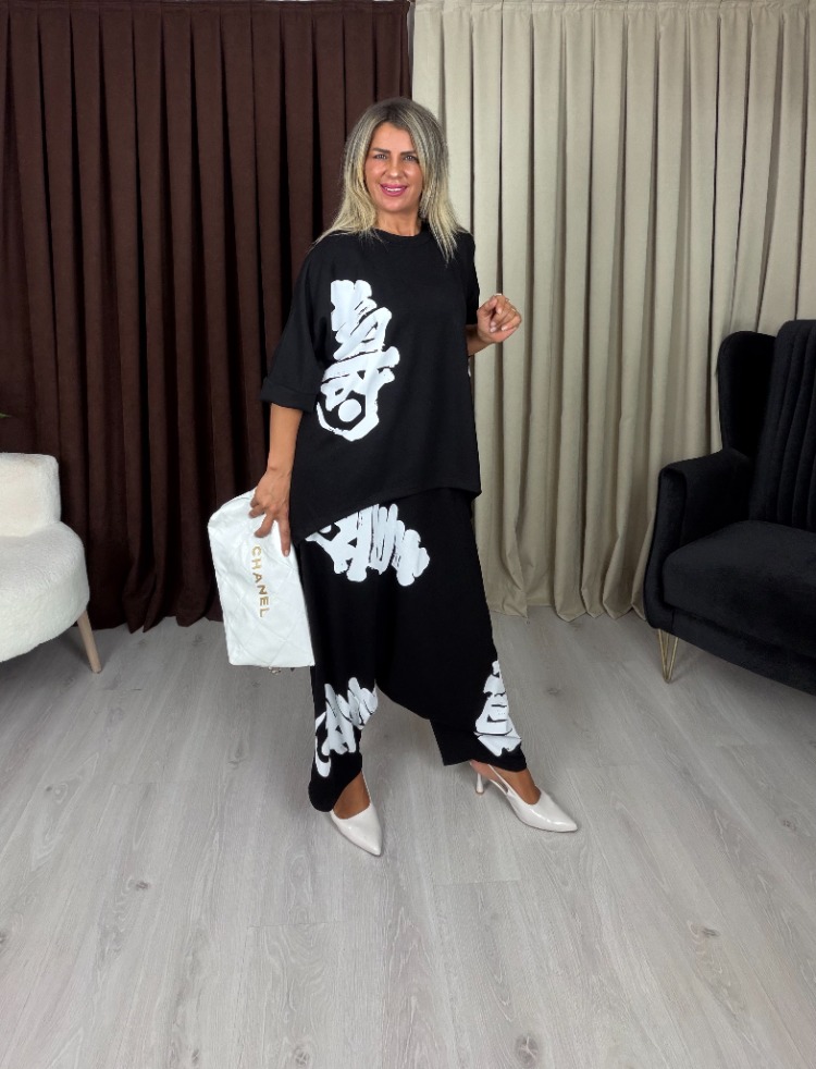 Stella Yazılı Şalvar Takım Siyah