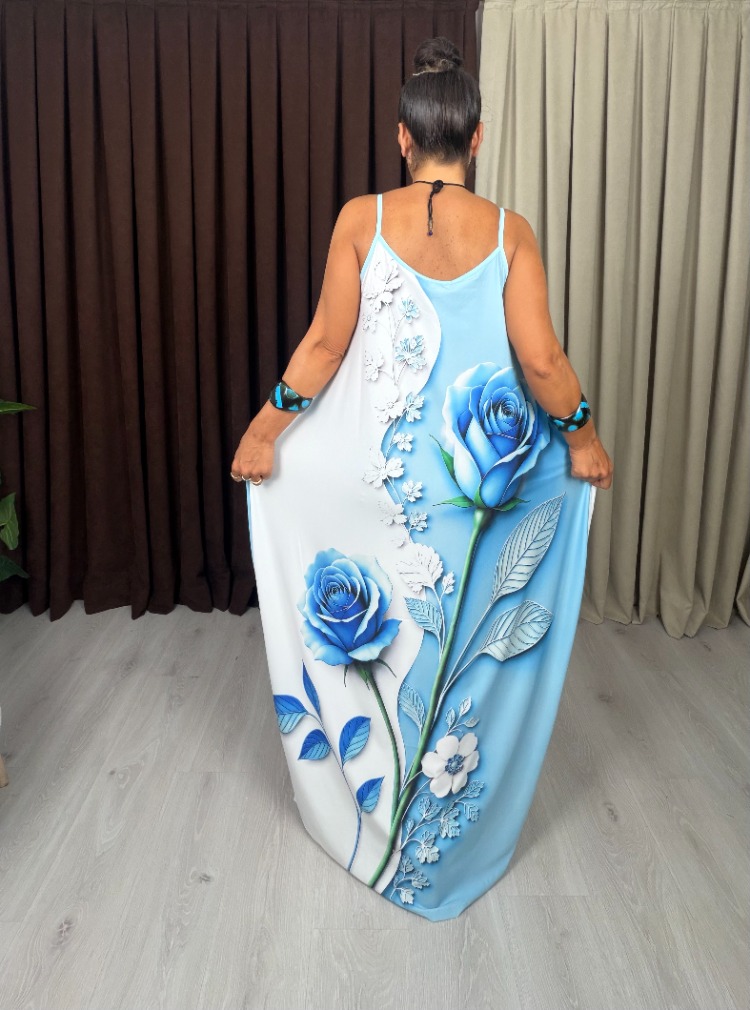 Otantik Tasarım Elbise Gül Desen Açık Mavi