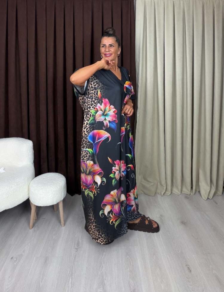Manolya Elbise Çiçek Leopar Desenli