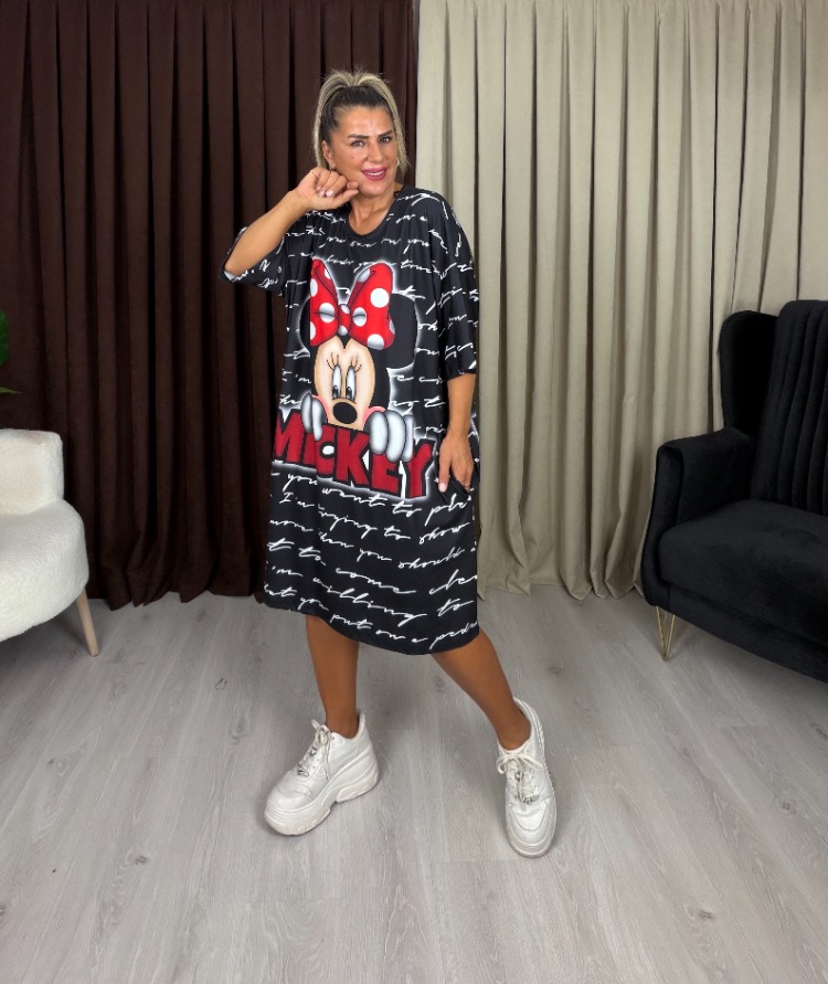 Calista Elbise Siyah Kırmızı Miki Desenli