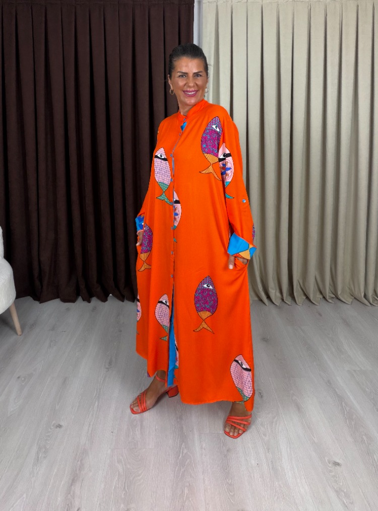 Marina Balıklı Elbise Oranj