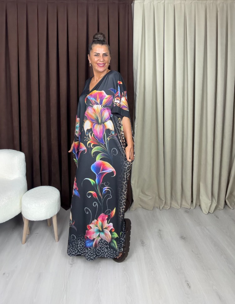 Manolya Elbise Çiçek Leopar Desenli