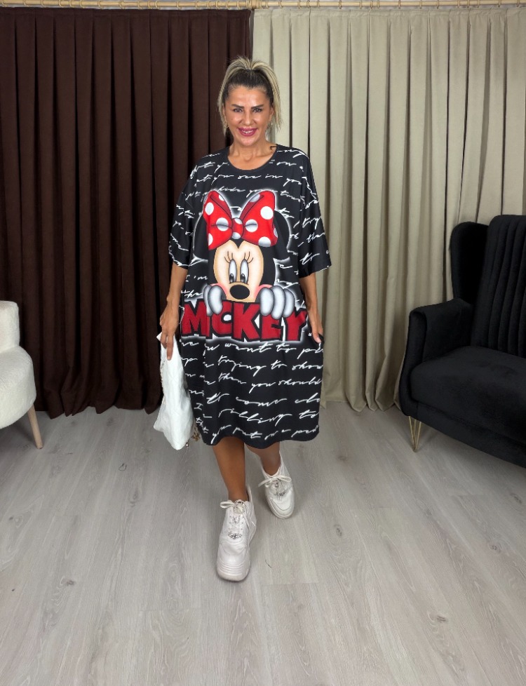 Calista Elbise Siyah Kırmızı Miki Desenli