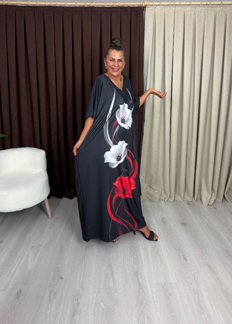 Manolya Elbise Çiçek Desenli