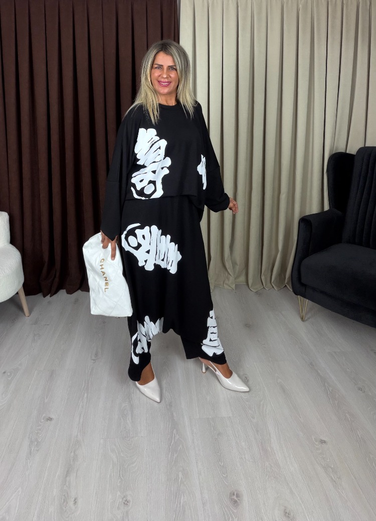 Stella Yazılı Şalvar Takım Siyah