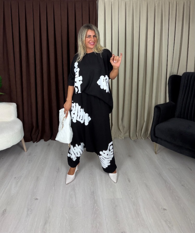 Stella Yazılı Şalvar Takım Siyah