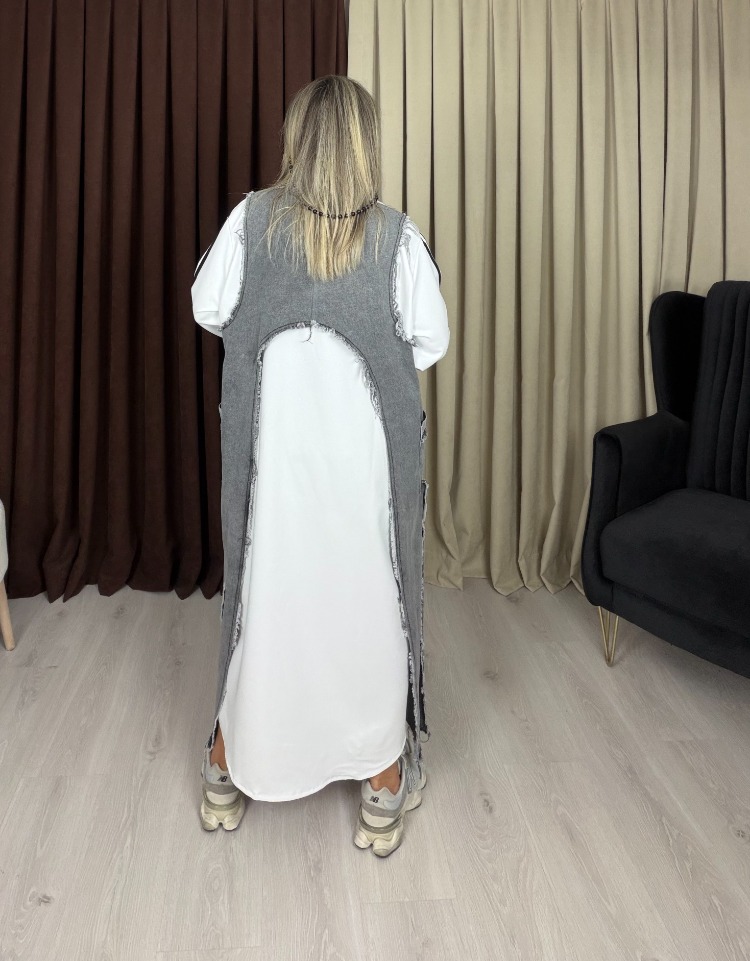 Zelva Kot Detaylı Elbise Beyaz