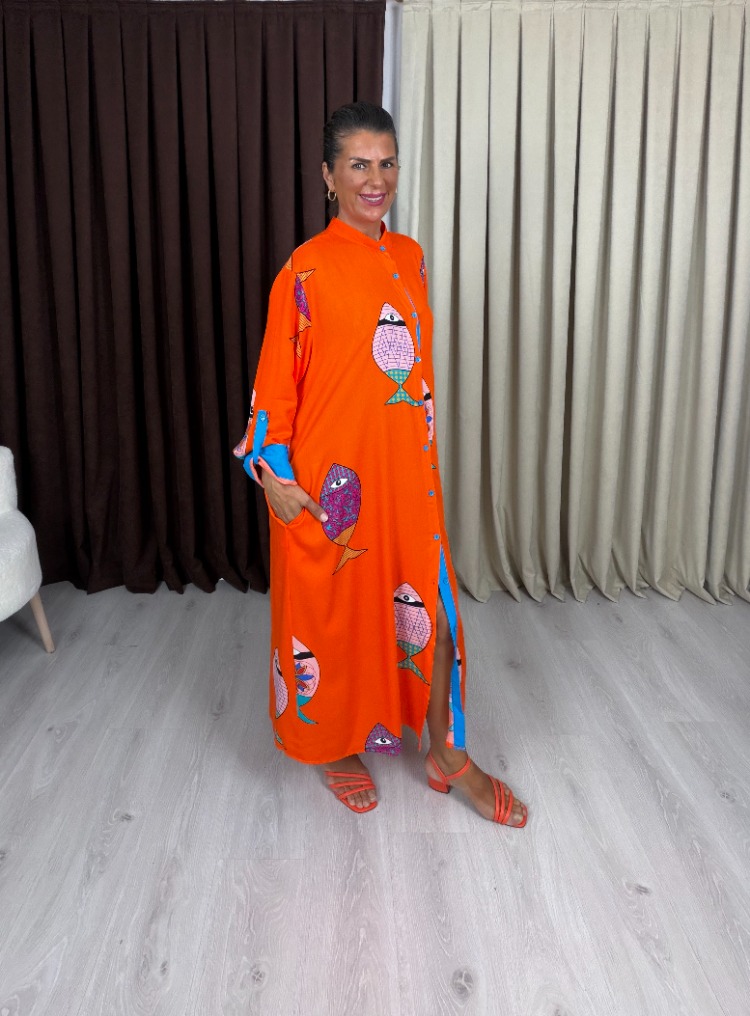 Marina Balıklı Elbise Oranj