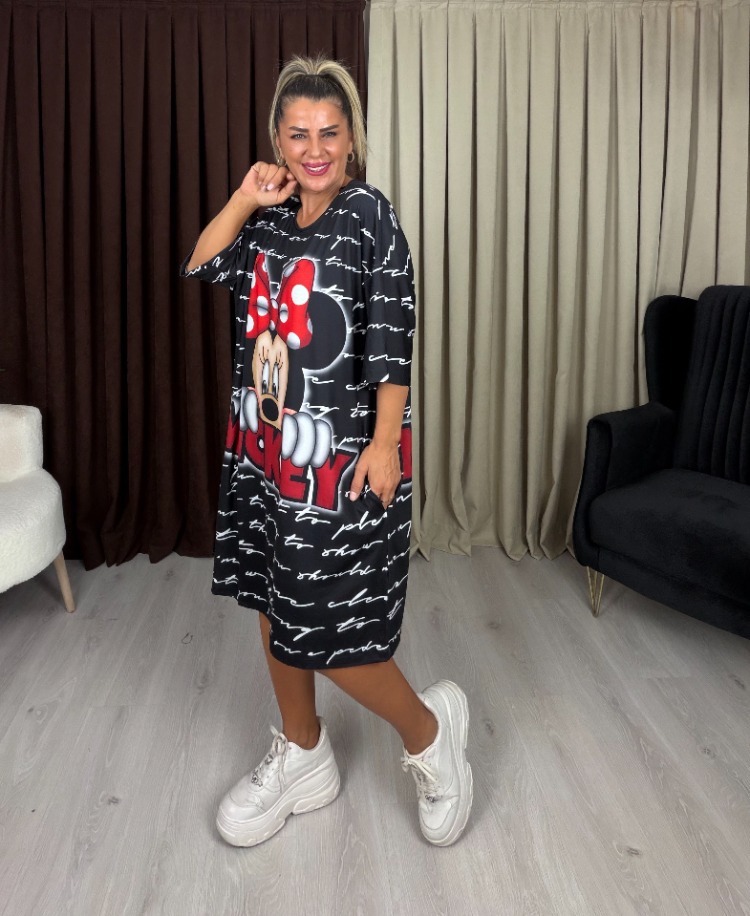 Calista Elbise Siyah Kırmızı Miki Desenli