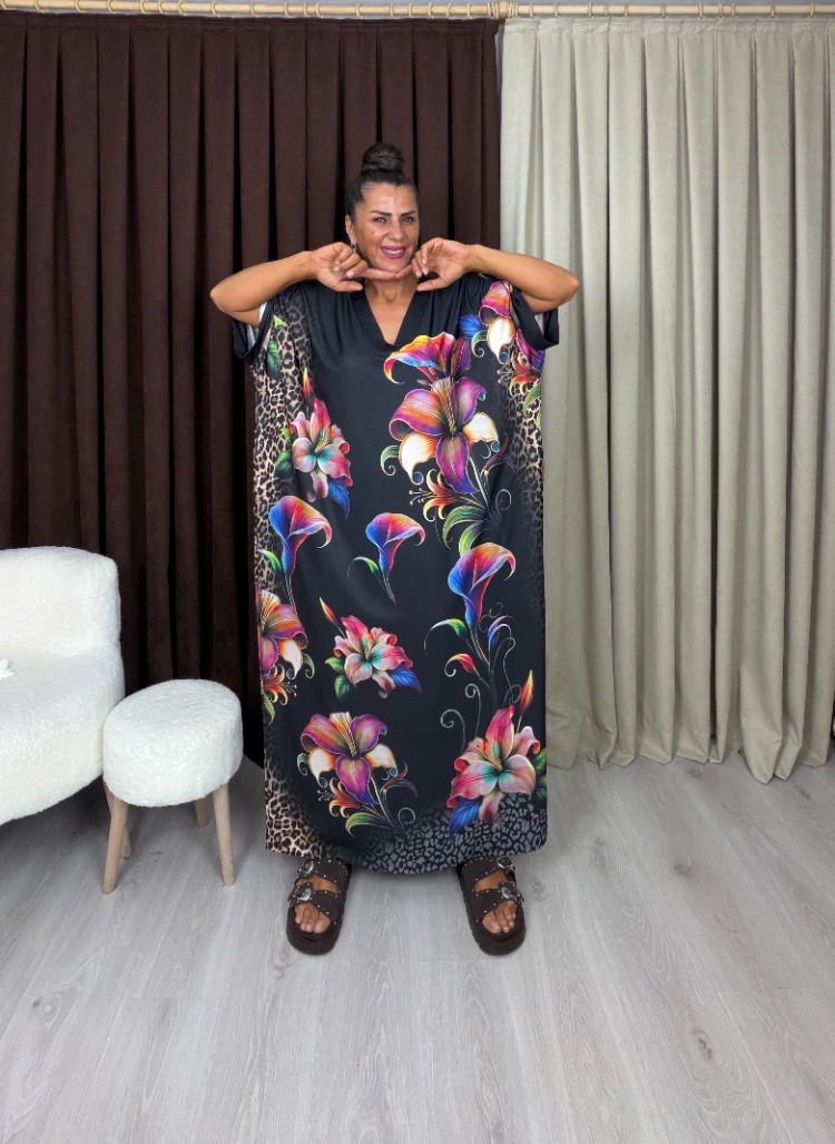 Manolya Elbise Çiçek Leopar Desenli