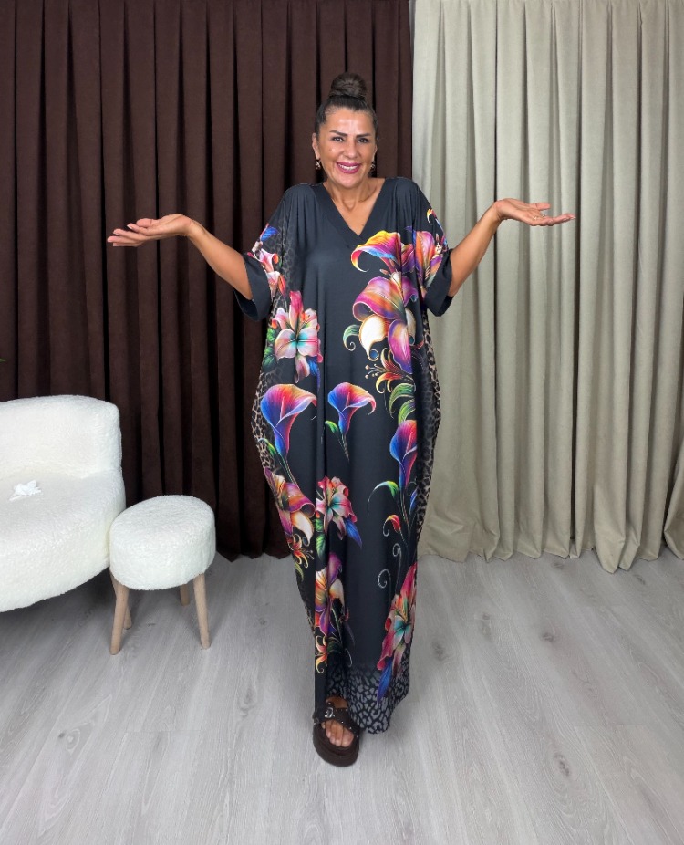 Manolya Elbise Çiçek Leopar Desenli