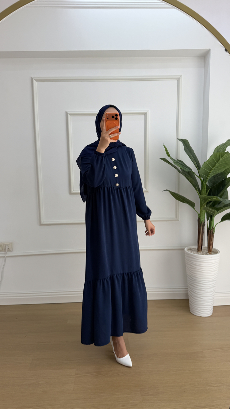 Nefes Katlı Düğmeli Laci Elbise