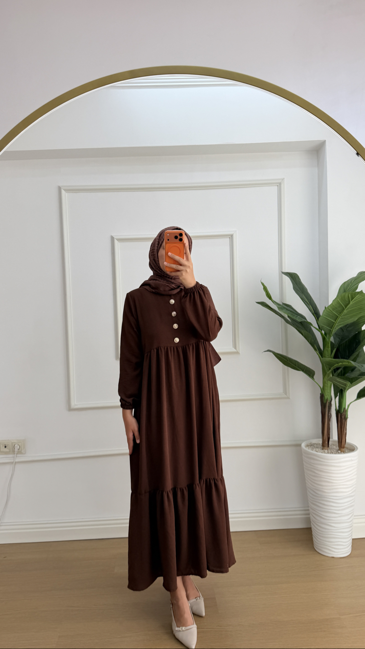 Nefes Katlı Düğmeli Kahve Elbise