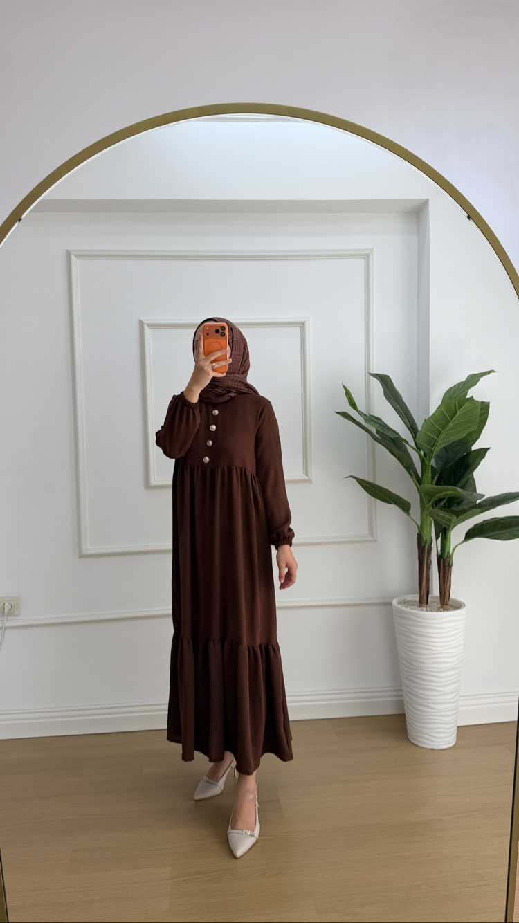 Nefes Katlı Düğmeli Kahve Elbise