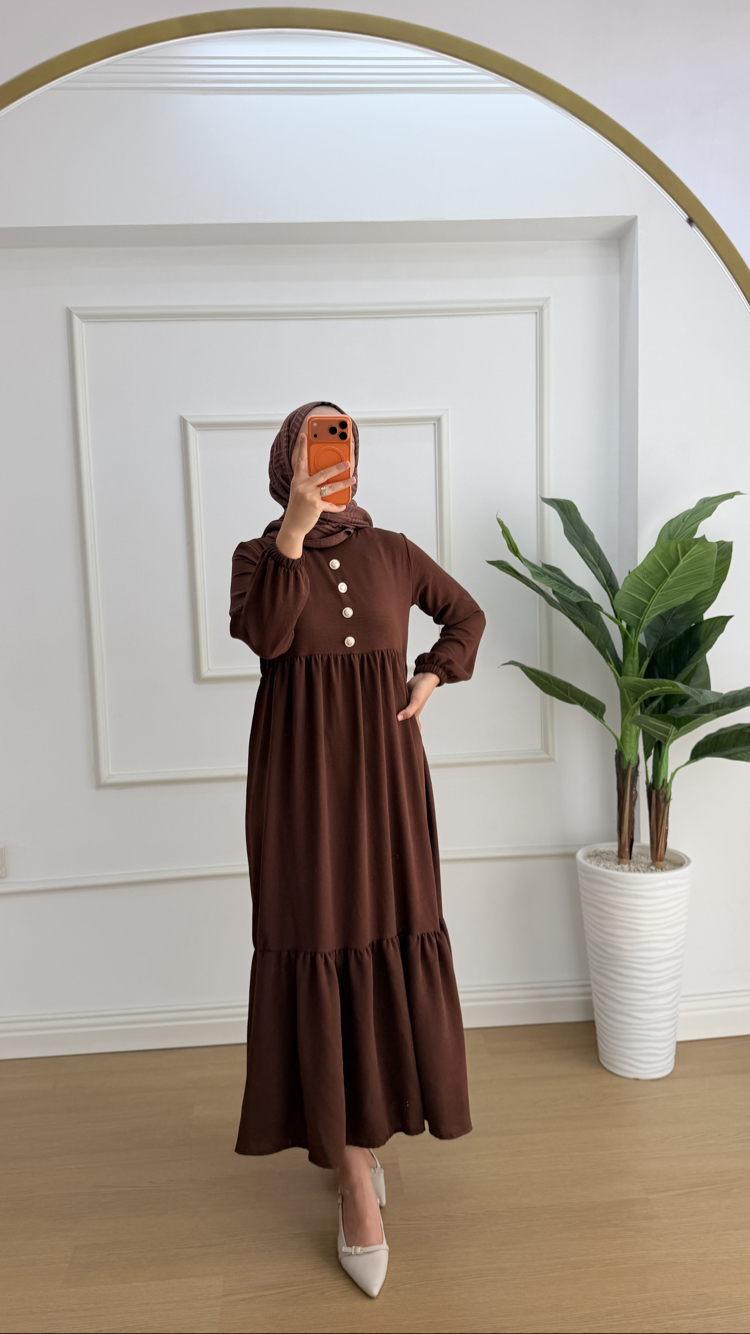 Nefes Katlı Düğmeli Kahve Elbise