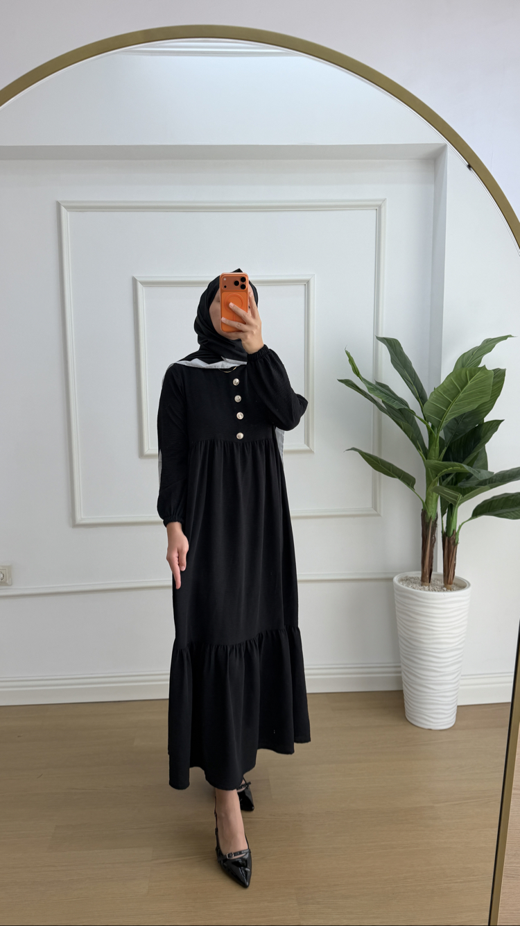 Nefes Katlı Düğmeli Siyah Elbise