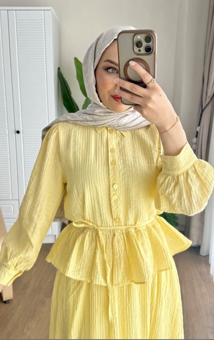 Soft Sarı Renk Fırfırlı Etekli Takım - Yazlık Rahat Şık Tesettür Takım
